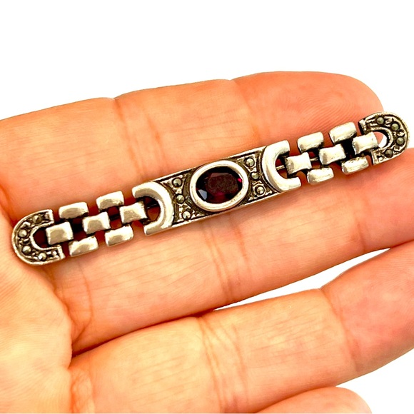 Jewelry - 182. Sterling, Garnet and Marcasite Bar Brooch Circa 1980s. Estate Find!